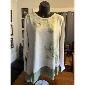 LOGO Lounge Lori Goldstein Women's Top Sz XS Green Watercolor Bedazzled Layered